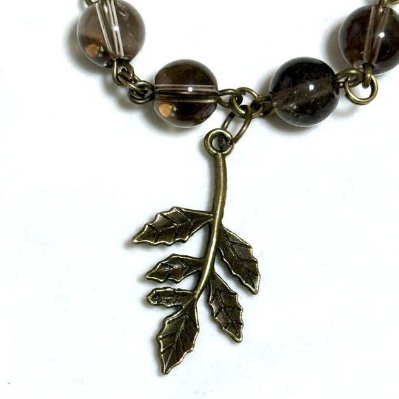 Natural Smoky Quartz Short Necklace, Genuine Gemstone + Cute Bronze Leaf Branch - Picture 5 of 14